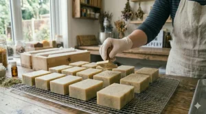 Rows of stamped natural soap bars arranged on a wooden curing rack with handwritten labels indicating batch varieties and curing start dates under controlled humidity.