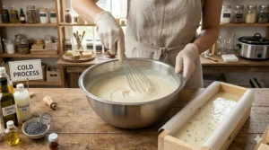 Blending lye water into base oils with a stick blender for cold process soap making.