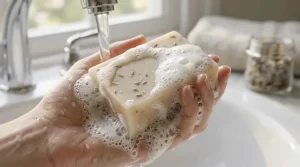 Detailed texture illustration capturing the thick, creamy rich lather of a moisturizing bar soap for dry skin.