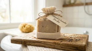 An illustration of zero-waste, plastic-free cardboard packaging for an eco-friendly bar soap for body care.