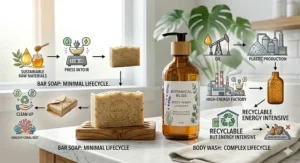 An infographic comparing the eco-friendly minimal paper packaging of bar soap with the recyclable plastic bottle of a body wash.