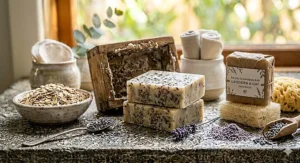 Sustainable zero-waste facial cleansing bar shown as an eco-friendly alternative to plastic liquid cleanser bottles.