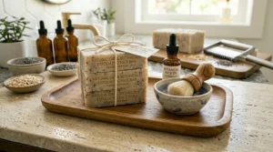 A stack of three exfoliating face bar soaps tied with twine alongside a botanical face oil bottle and an application brush.