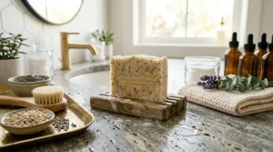 An exfoliating face bar soap on a countertop next to raw oats, botanicals, a facial brush, and amber dropper bottles.