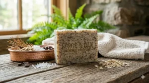 A textured natural bar soap for men containing oatmeal grits for skin exfoliation.