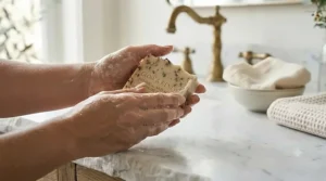An abstract visual showing the skin tightening and firming benefits of a daily anti aging facial bar soap.