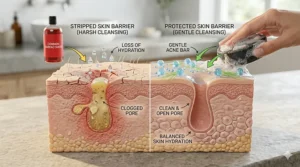 Illustration showing how the right bar soap protects the skin barrier while treating acne.