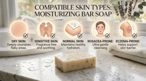 Icon checklist detailing why a moisturizing bar soap is suitable for dry, flaky, and sensitive skin types.