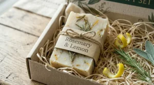 An illustration showing the artisanal cold-process method used to create handmade bars for an organic soap gift set.