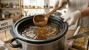Saponification process of hot process soap batter cooking inside a stainless steel slow cooker.