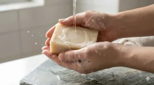 Lathering a mild bar soap in clean hands before applying it to a new tattoo.