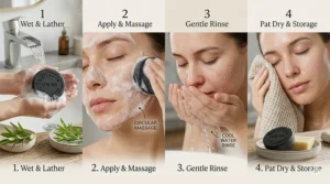 Step-by-step skincare routine guide on how to wash acne-prone skin with a bar soap.