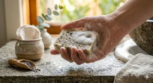 Step-by-step illustration of foaming a facial cleansing bar with water to create a rich lather.