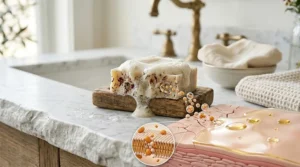 A graphic representation of an anti aging facial bar soap locking in deep skin moisture and supporting the natural skin barrier.