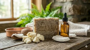 An illustration showing moisturizing shea butter and coconut oil ingredients next to a natural bar soap for men.