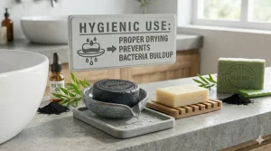 Illustration of an anti-acne soap bar drying on a draining soap dish to ensure hygienic use.