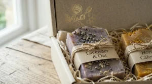 A luxury spa-style organic bar soap gift box arranged next to a white towel and candle for a perfect pampering gift.