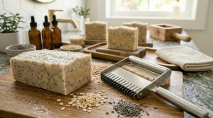 A large block of oat exfoliating face bar soap on a cutting board next to a stainless steel soap cutter and raw grains.