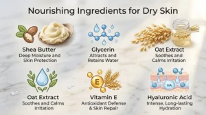 Infographic showcasing hydrating ingredients like shea butter and glycerin used in bar soap for dry skin.
