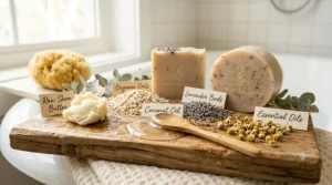 Graphic highlighting moisturizing ingredients like shea butter and essential oils in a nourishing bar soap for body skin.