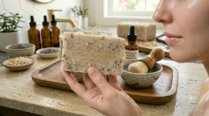 A hand presenting a textured oat and botanical exfoliating face bar soap next to a wet-skinned model and bathroom spa elements.