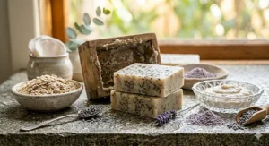 Illustration of an organic facial cleansing bar surrounded by natural ingredients like aloe vera and jojoba oil.