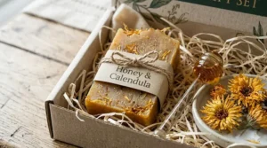 An illustration of a natural soap bar featuring goat milk and honey ingredients from an organic skincare gift set.