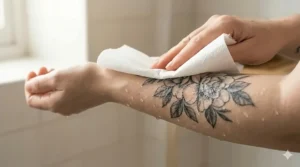 Patting a freshly washed tattoo dry using a clean paper towel after using tattoo aftercare soap.