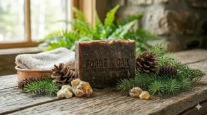 A rugged pine tar natural bar soap for men surrounded by pine cones and evergreen needles.