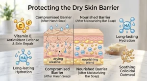 Graphic rendering of a healthy skin barrier protected by a nourishing moisturizing bar soap for dry skin.