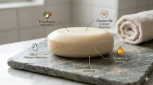 Infographic listing safe and hydrating ingredients to look for in a bar soap for tattoo aftercare.