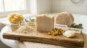 Illustration of a mild, fragrance-free bar soap for body types prone to eczema and irritation.