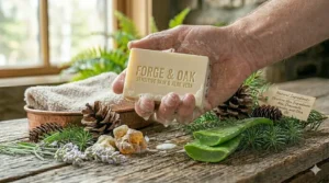 An unscented, soothing natural bar soap for men with sensitive skin, featuring aloe vera details.