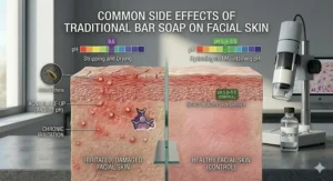 Illustration of a face experiencing redness and irritation from using regular soap on the face.