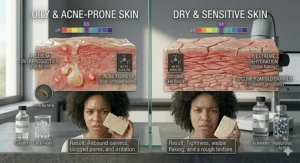 Graphic illustrating how dry skin and oily skin react differently to regular bar soap.