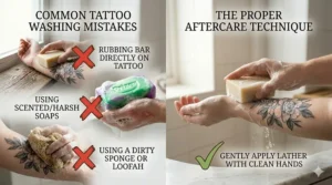 Illustration highlighting mistakes to avoid when using a bar soap for tattoo aftercare.