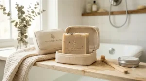 Illustration of a compact travel tin packing a solid bar soap for body hygiene, highlighting T