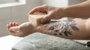 A person gently cleaning a fresh tattoo using a mild bar soap for tattoo aftercare.