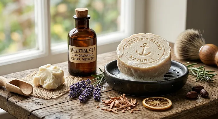 A mens shaving soap bar displayed with natural ingredients like shea butter and essential oils.