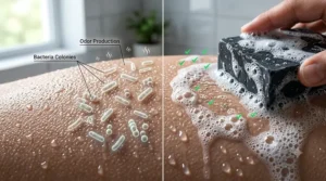 An illustration demonstrating how antibacterial bar soap for body odor eliminates odor-causing bacteria on the skin.