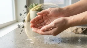 A conceptual graphic showing how an antibacterial hand soap bar provides a protective shield against harmful bacteria.
