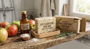 An illustration of an apple cider vinegar infused clarifying hair bar, emphasizing shine and deep cleansing benefits.