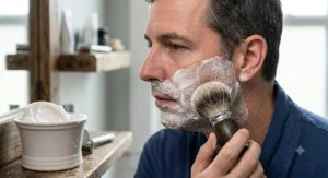 Close-up illustration of a man using a traditional brush to apply thick lather from a shaving bar soap to his face.