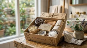 A photorealistic 4K photograph of an artisanal self-care gift box. The open kraft paper box contains