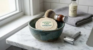 Artisan shaving soap and bowl set with a puck of eucalyptus and mint scented shaving soap.