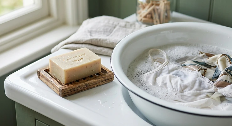 A natural bar soap for hand washing laundry resting on a wooden dish next to a washbasin filled with soapy water and delicate garments.