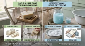 A visual side-by-side comparison chart highlighting the benefits of using bar soap for hand washing laundry compared to conventional liquid detergent.