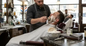 Professional barber using a traditional shaving soap and bowl set to prep a customer's face for a straight razor shave.