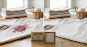 Before and after comparison of a red wine stain completely removed using a stain remover bar