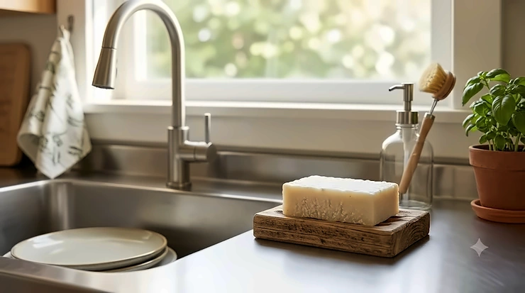 A stylish bar soap for the kitchen sink sitting on a bamboo soap dish next to a stainless steel faucet and a scrub brush.